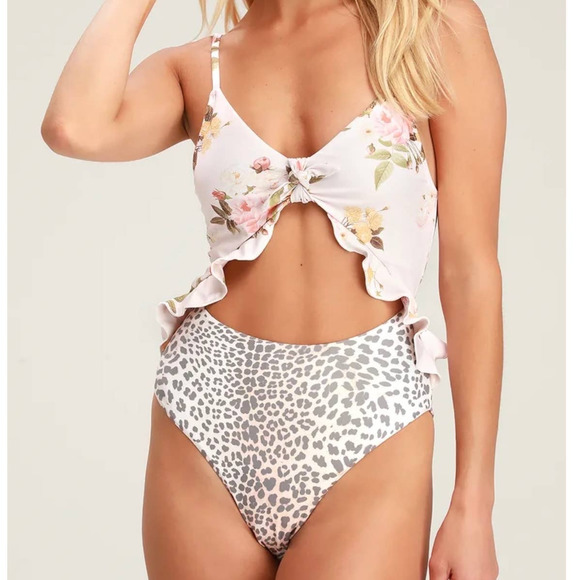 Lulus Other - Power 2 the Flower Carly Blush Floral Leopard Print Cutout One-Piece Swimsuit L